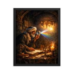 Alhazen testing light through a darkened chamber framed print on a plain backdrop in size 16"x20".