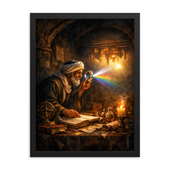 Alhazen testing light through a darkened chamber framed print on a plain backdrop in size 18"x24".