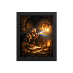 Alhazen testing light through a darkened chamber framed print on a plain backdrop in size 8"x10".