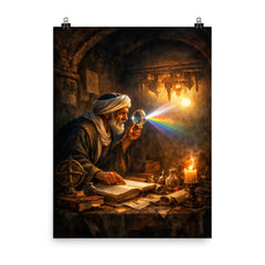 Alhazen testing light through a darkened chamber poster on a plain backdrop in size 8"x10".