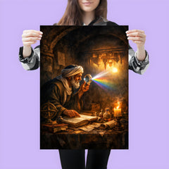 Alhazen testing light through a darkened chamber poster 3