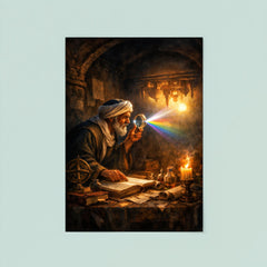 Alhazen testing light through a darkened chamber poster 8