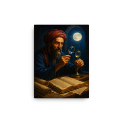 Alhazen with lenses moonlight and manuscripts canvas print on a plain backdrop in size 12"x16".