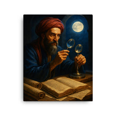 Alhazen with lenses moonlight and manuscripts canvas print on a plain backdrop in size 16"x20".