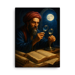 Alhazen with lenses moonlight and manuscripts canvas print on a plain backdrop in size 18"x24".