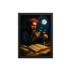 Alhazen with lenses moonlight and manuscripts framed print on a plain backdrop in size 12"x16".