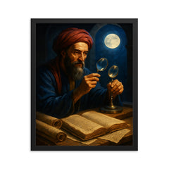 Alhazen with lenses moonlight and manuscripts framed print on a plain backdrop in size 16"x20".