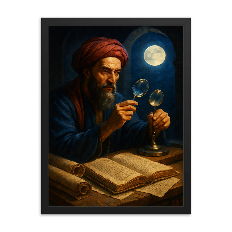 Alhazen with lenses moonlight and manuscripts framed print on a plain backdrop in size 18