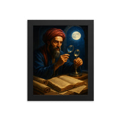 Alhazen with lenses moonlight and manuscripts framed print on a plain backdrop in size 8"x10".