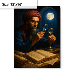 Alhazen with lenses moonlight and manuscripts metal print on a plain backdrop in size 12"x16".