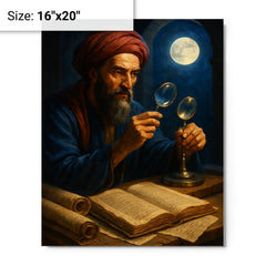 Alhazen with lenses moonlight and manuscripts metal print on a plain backdrop in size 16"x20".