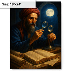 Alhazen with lenses moonlight and manuscripts metal print on a plain backdrop in size 18"x24".