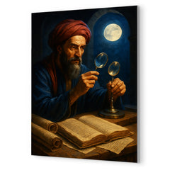 Alhazen with lenses moonlight and manuscripts metal print mockup
