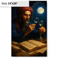 Alhazen with lenses moonlight and manuscripts metal print on a plain backdrop in size 24"x36".