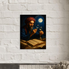 Alhazen with lenses moonlight and manuscripts metal print mockup