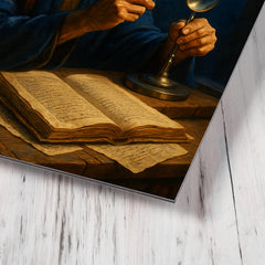 Alhazen with lenses moonlight and manuscripts metal print mockup