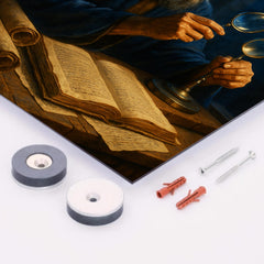 Alhazen with lenses moonlight and manuscripts metal print mockup