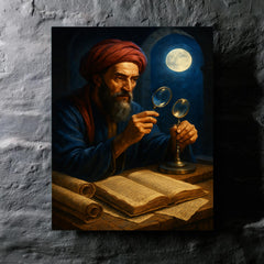 Alhazen with lenses moonlight and manuscripts metal print mockup