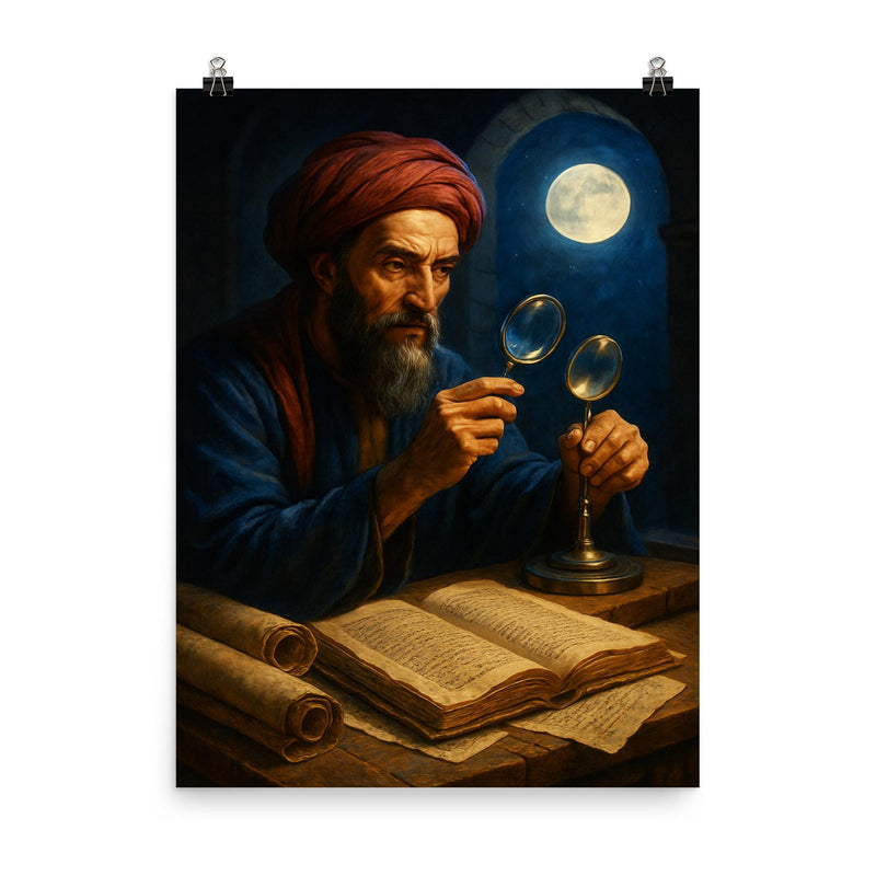 Alhazen with lenses moonlight and manuscripts poster on a plain backdrop in size 8