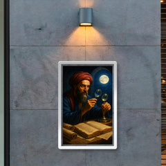 Alhazen with lenses moonlight and manuscripts poster 2