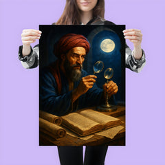 Alhazen with lenses moonlight and manuscripts poster 3