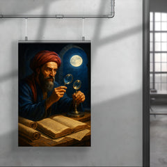 Alhazen with lenses moonlight and manuscripts poster 4