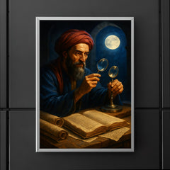 Alhazen with lenses moonlight and manuscripts poster 5