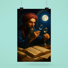 Alhazen with lenses moonlight and manuscripts poster 6