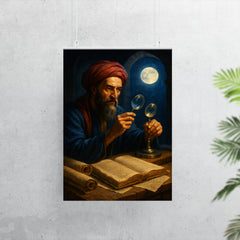 Alhazen with lenses moonlight and manuscripts poster 7