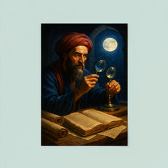 Alhazen with lenses moonlight and manuscripts poster 8