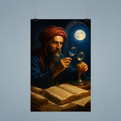 Alhazen with lenses moonlight and manuscripts poster 9