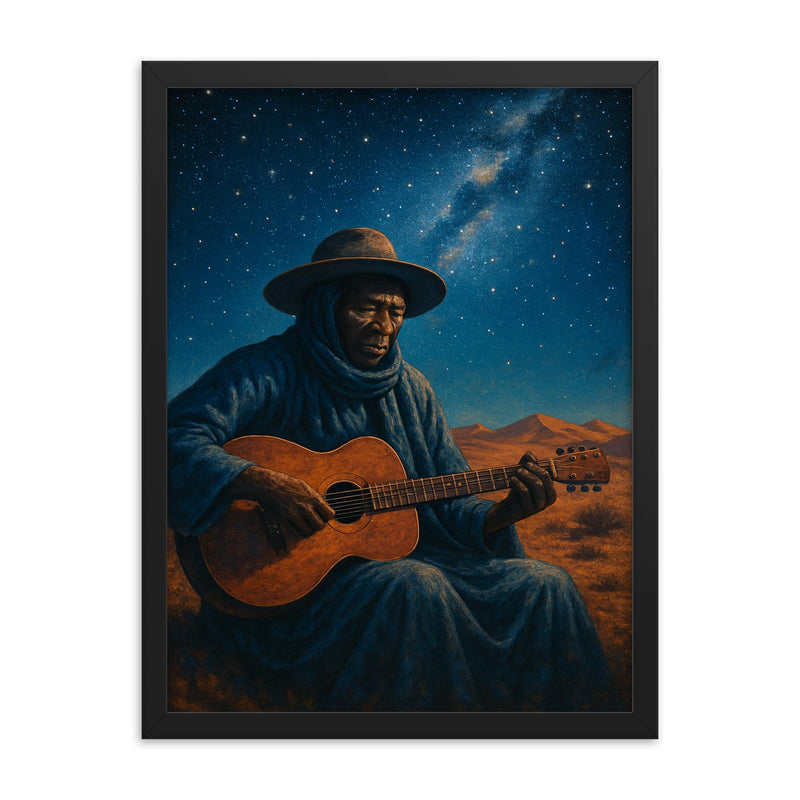 Ali Farka Touré under Saharan stars framed print on a plain backdrop in size 18