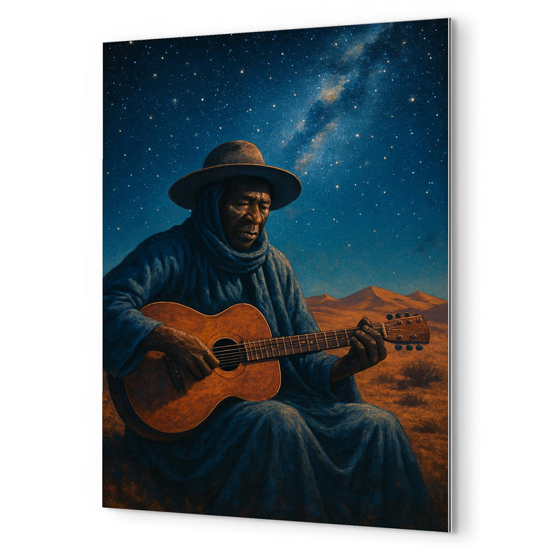 Ali Farka Touré under Saharan stars metal print mockup