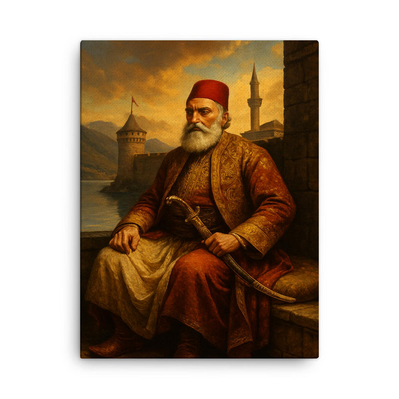 Ali Pasha of Ioannina in lakeside fortress canvas print on a plain backdrop in size 18