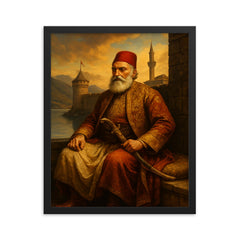 Ali Pasha of Ioannina in lakeside fortress framed print on a plain backdrop in size 16"x20".
