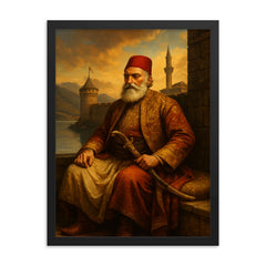 Ali Pasha of Ioannina in lakeside fortress framed print on a plain backdrop in size 18"x24".