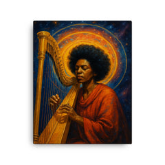 Alice Coltrane harp and astral halo canvas print on a plain backdrop in size 16"x20".
