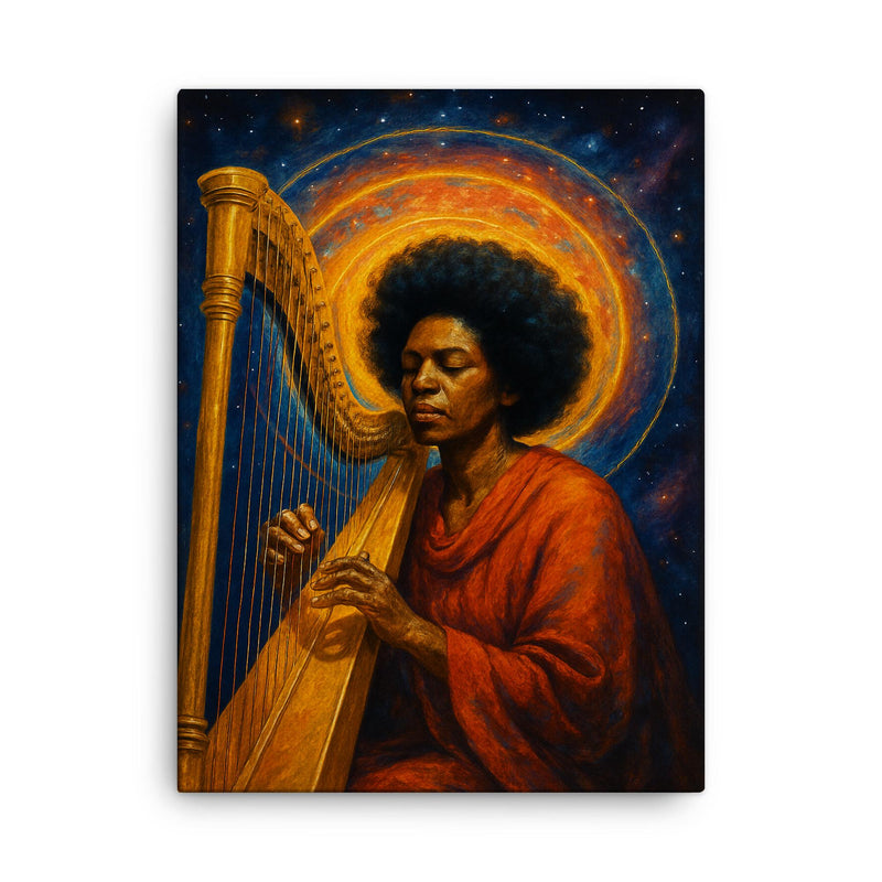 Alice Coltrane harp and astral halo canvas print on a plain backdrop in size 18