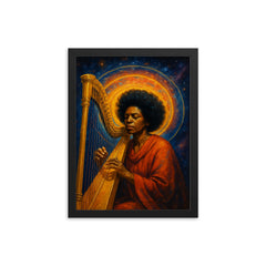 Alice Coltrane harp and astral halo framed print on a plain backdrop in size 12"x16".