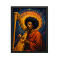 Alice Coltrane harp and astral halo framed print on a plain backdrop in size 16"x20".