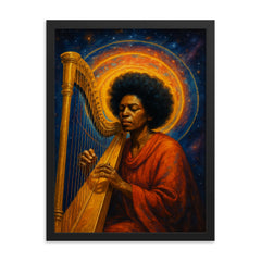 Alice Coltrane harp and astral halo framed print on a plain backdrop in size 18"x24".