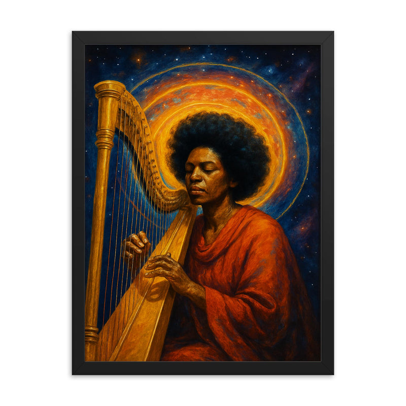 Alice Coltrane harp and astral halo framed print on a plain backdrop in size 18