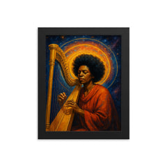 Alice Coltrane harp and astral halo framed print on a plain backdrop in size 8"x10".