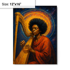Alice Coltrane harp and astral halo metal print on a plain backdrop in size 12"x16".