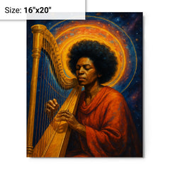Alice Coltrane harp and astral halo metal print on a plain backdrop in size 16"x20".