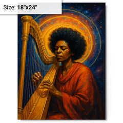 Alice Coltrane harp and astral halo metal print on a plain backdrop in size 18"x24".