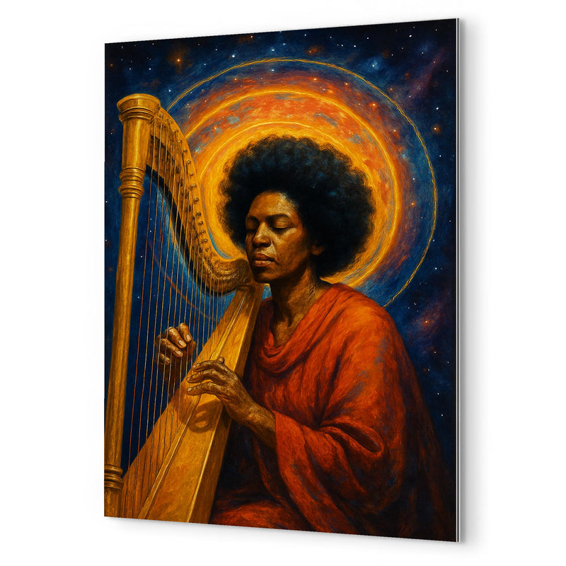 Alice Coltrane harp and astral halo metal print mockup