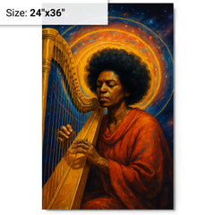 Alice Coltrane harp and astral halo metal print on a plain backdrop in size 24"x36".