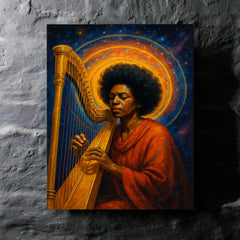 Alice Coltrane harp and astral halo metal print mockup