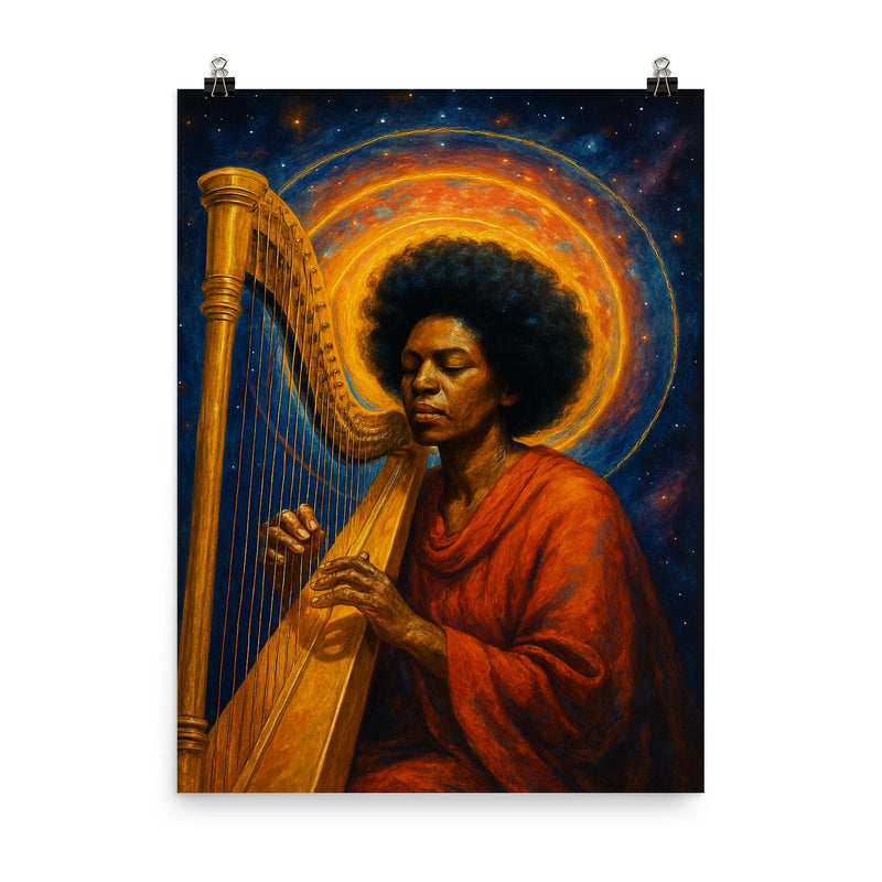 Alice Coltrane harp and astral halo poster on a plain backdrop in size 8